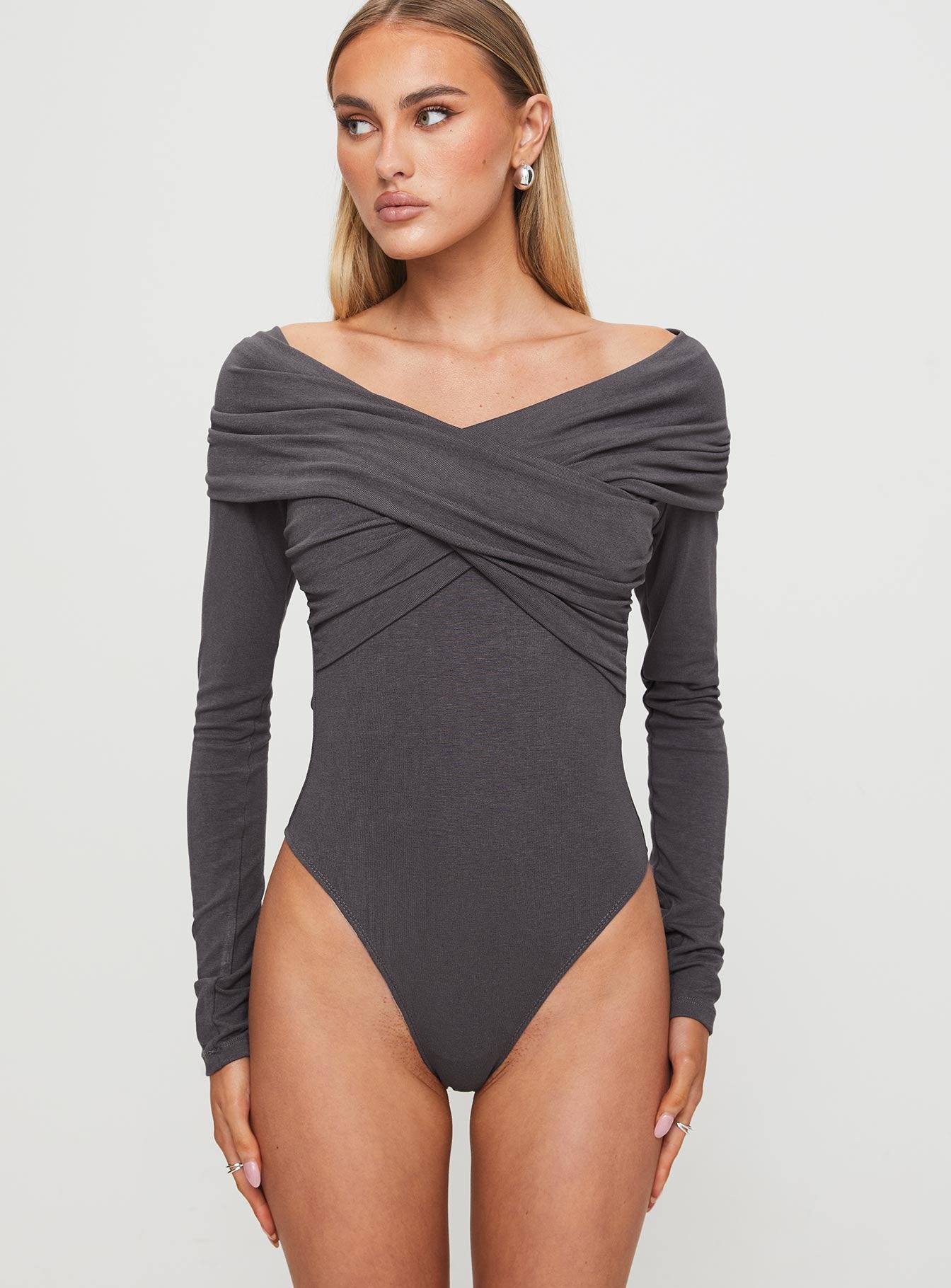 front view of model wearing Princess Polly Sundlow Off Shoulder Bodysuit Slate Long Sleeve Tops 