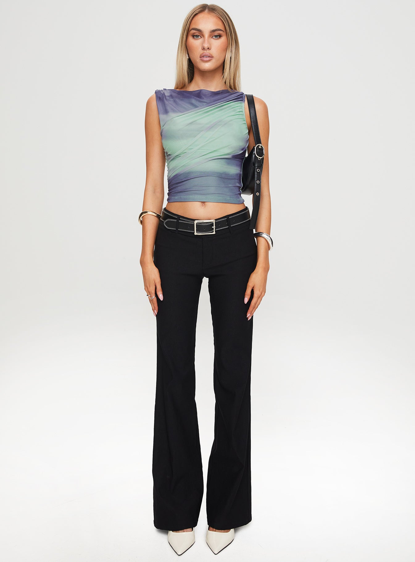 front view of model wearing Princess Polly Sweet Emotion Top Blue Sleeveless High Neck 