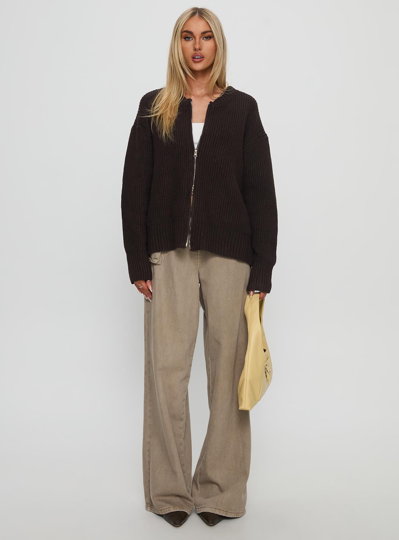Lexene Zip Through Jumper Chocolate | Princess Polly