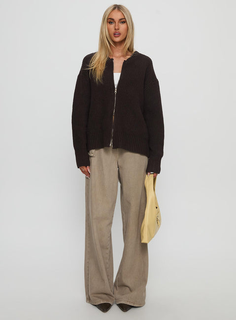 front view of model wearing Princess Polly Lexene Zip Through Jumper Chocolate Longline Jumpers 