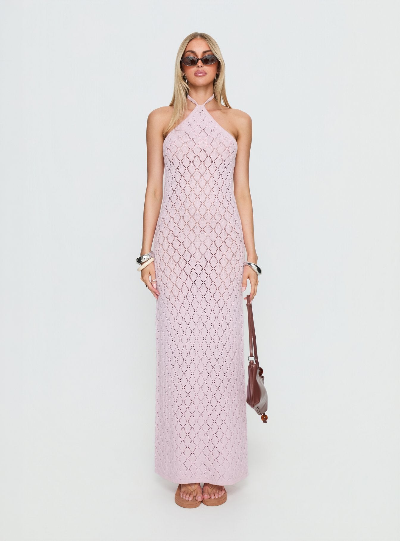 Jorda Halter Crochet Maxi Dress Pink | Princess Polly