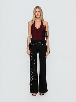 side view of model wearing Princess Polly Eye Candy Ruched Bodysuit Burgundy Sleeveless 