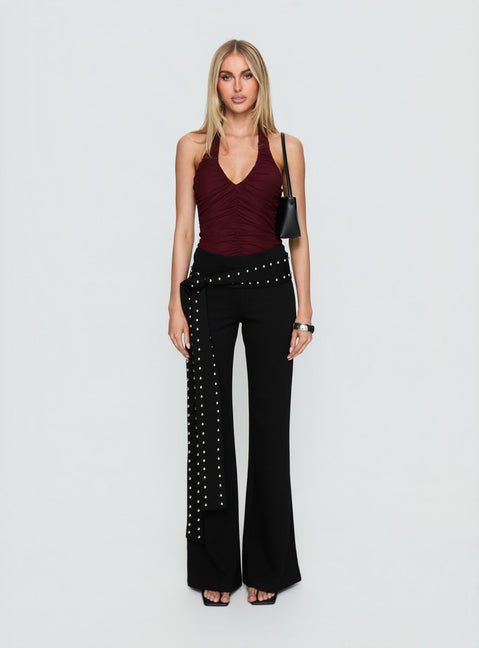 side view of model wearing Princess Polly Eye Candy Ruched Bodysuit Burgundy Sleeveless 