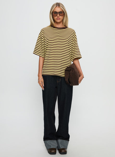 Settle Down Short Sleeve Top Yellow / Brown Stripe