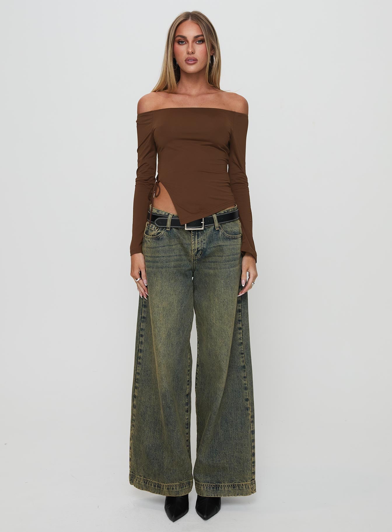 front view of model wearing Princess Polly Endellion Off Shoulder Long Sleeve Top Chocolate Full Sleeves straight 