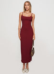 front view of model wearing Princess Polly Elestria Maxi Dress Burgundy Scoop Neck 