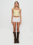 front view of model wearing Princess Polly Lyncher Top Yellow Short Sleeves Square Neck 