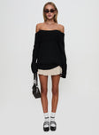 front view of model wearing Princess Polly Snowie Off Shoulder Knit Sweater Black cropped 