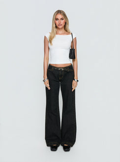 front view of model wearing Princess Polly Slow Ride Mid Rise Bootleg Belted Jeans Grunge Wash Mid Rise Jeans 