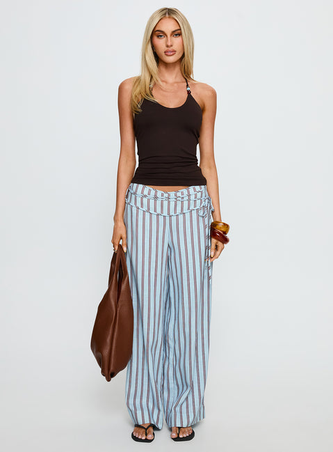 front view of model wearing Princess Polly Silver Moon Linen Blend Tie Pants Blue / Maroon Stripe Mid Rise Pants 