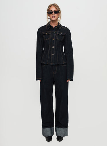 Top Model Low Rise Straight Leg Cuffed Jean Dark Denim