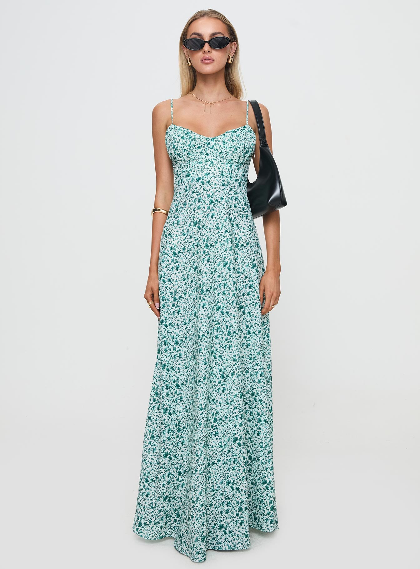 front view of model wearing Princess Polly Easten Maxi Dress Green Sweetheart Neckline 