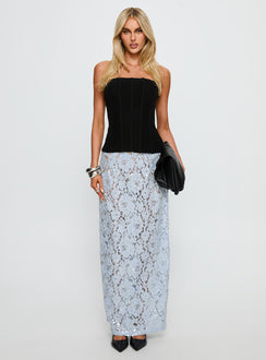   side view of model wearing Princess Polly Carman Lace Midi Skirt Blue Maxi Skirts 