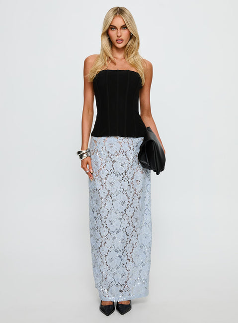   side view of model wearing Princess Polly Carman Lace Midi Skirt Blue Maxi Skirts 
