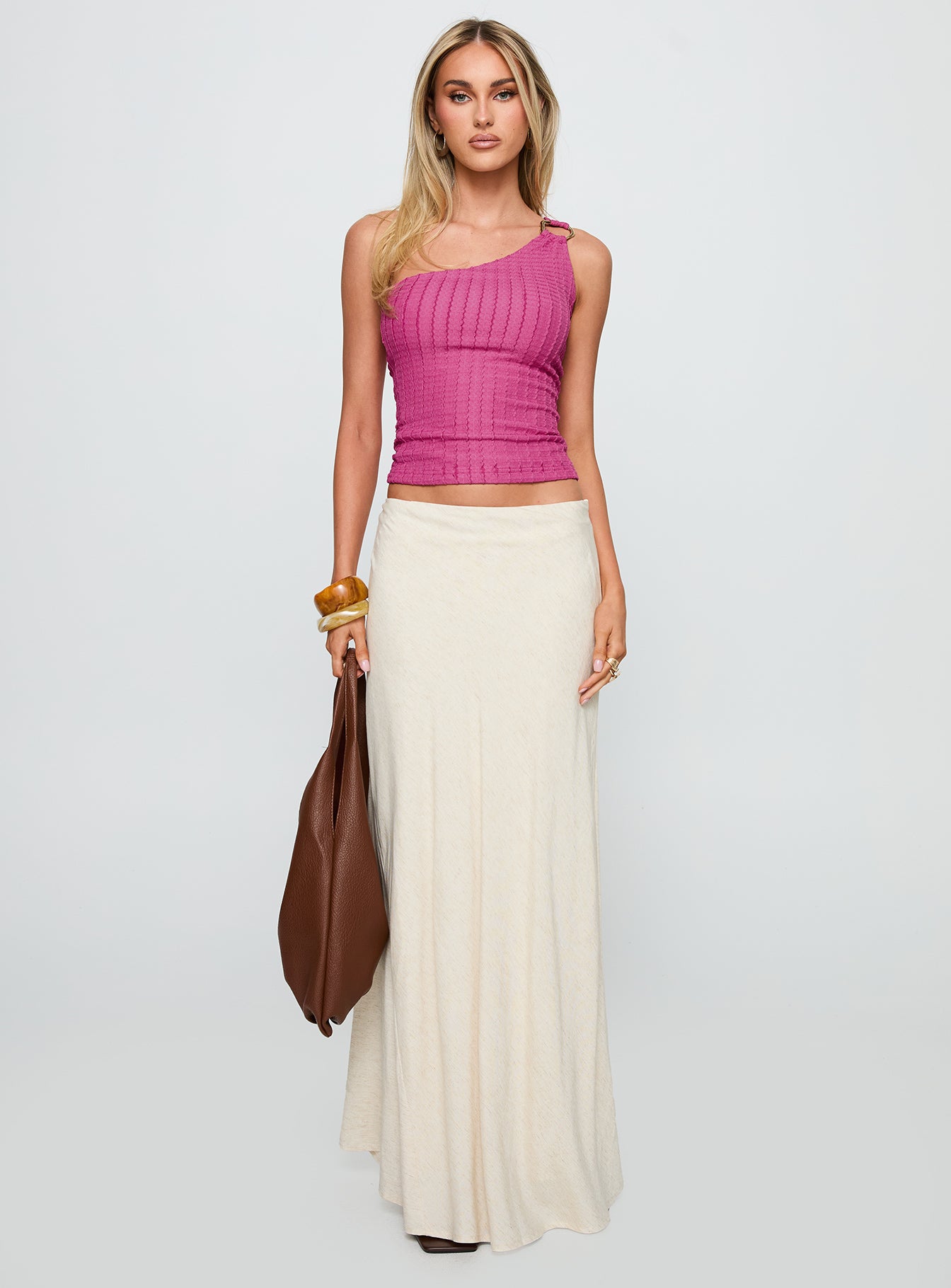 front view of model wearing Princess Polly All Falls Down One Shoulder Top Pink Sleeveless Asymmetric Neckline 