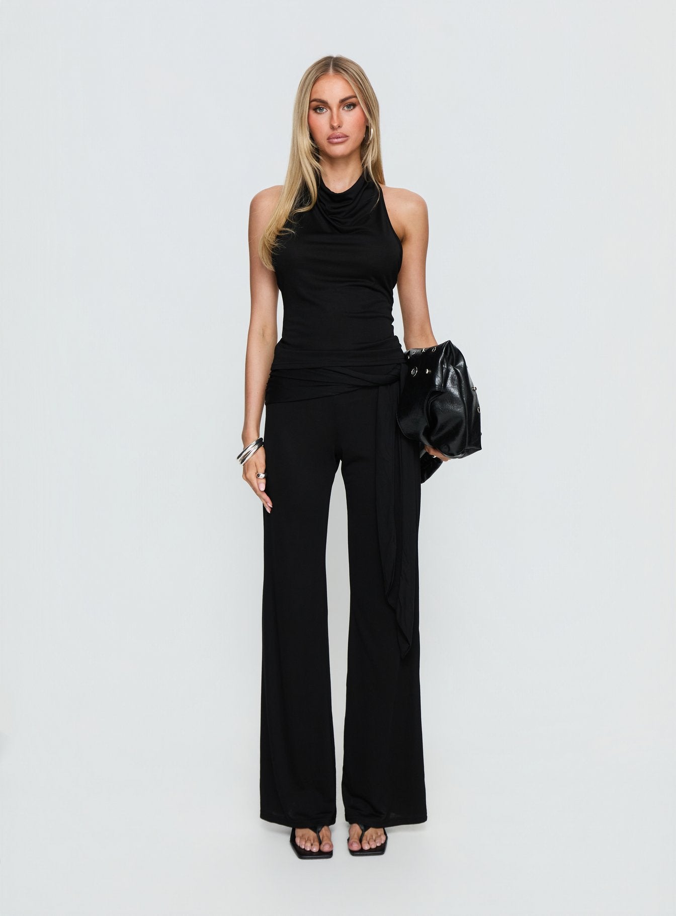 Andreana Wrap Jersey Pants Black | Princess Polly