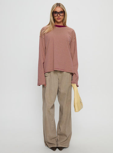 Settle Down Long Sleeve Top Lemon / Burgundy Stripe