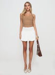 front view of model wearing Princess Polly Roxanna Top Beige Sleeveless Square Neck 