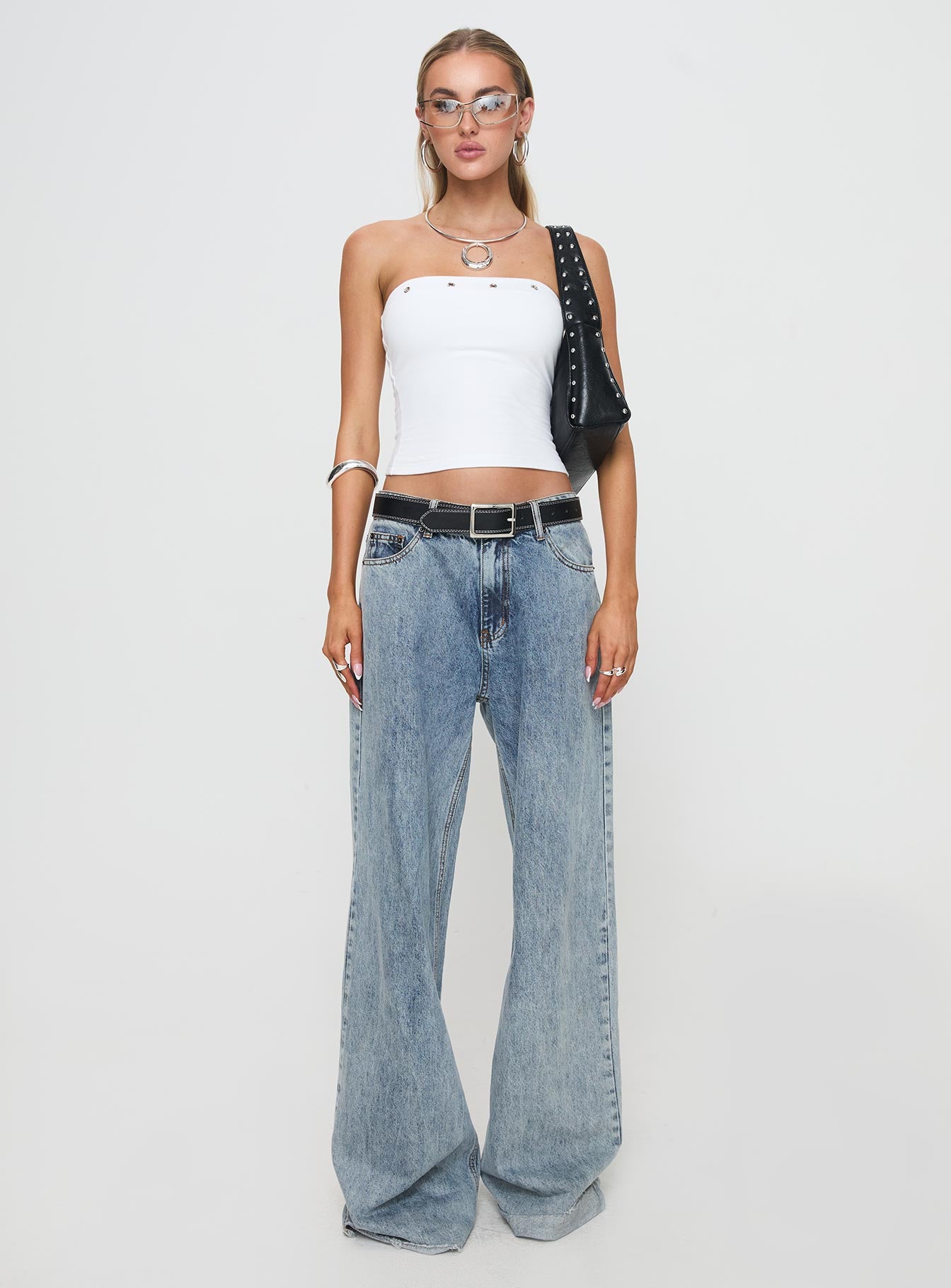 side view of model wearing Princess Polly Mayuk Strapless Top White Sleeveless straight 