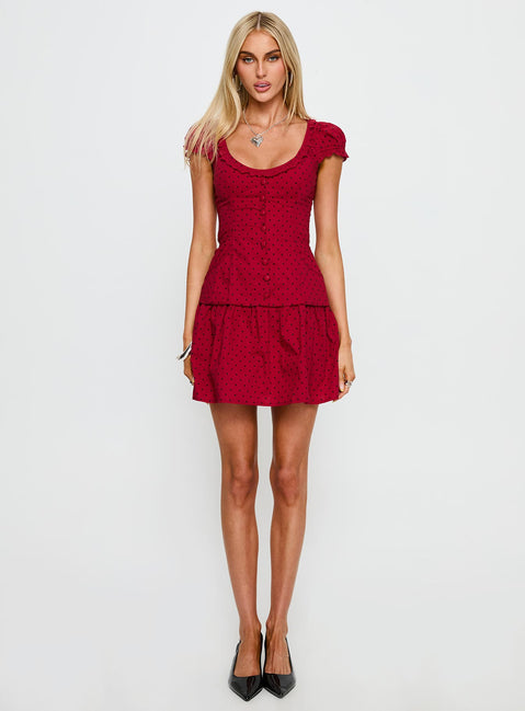Ottillie Lace Trim Button Down Mini Dress | Red Polka Dot | Womens | Princess Polly Lower Impact Ottillie Lace Trim Button Down Mini Dress | Red Polka Dot | Womens | Princess Polly Lower Impact
