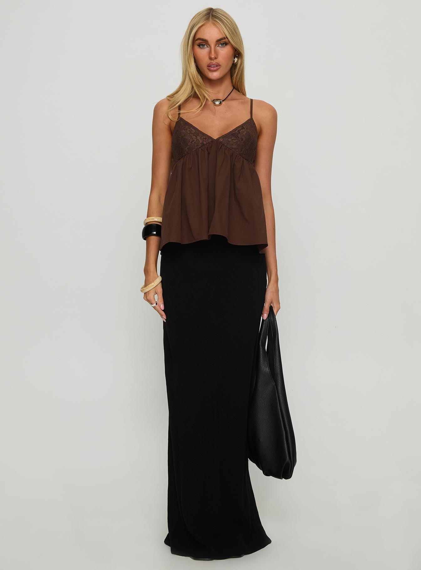 Janeesa Frill Lace Detail Cami Top Brown | Princess Polly