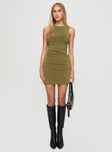 side view of model wearing Princess Polly Eklund Mini Dress Dark Green High Neck 