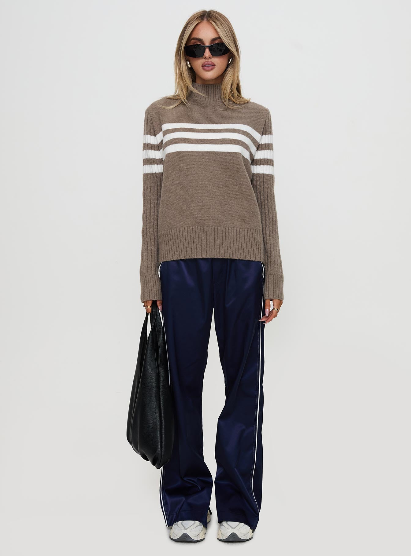 front view of model wearing Princess Polly Bessemer Funnel Neck Knit Sweater Mocha Stripe Long 
