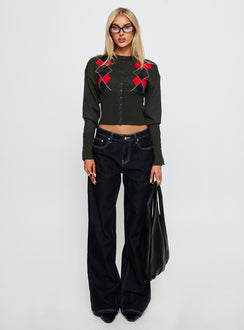 side view of model wearing Princess Polly Head In The Clouds Knit Cardigan Grey Argyle cropped 