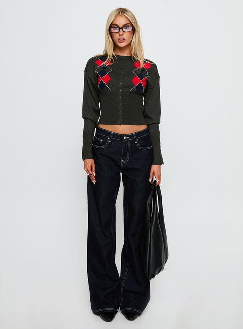 side view of model wearing Princess Polly Head In The Clouds Knit Cardigan Grey Argyle cropped 