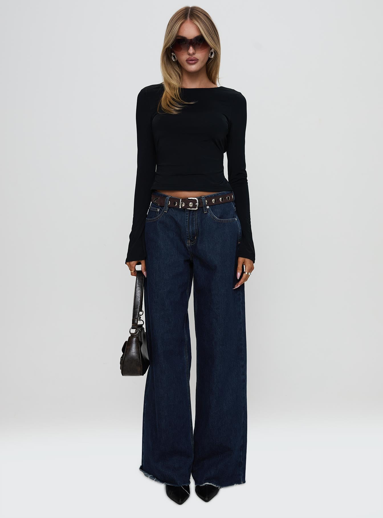 front view of model wearing Princess Polly Harpur Long Sleeve Backless Top Black Full Sleeves Crew Neck 