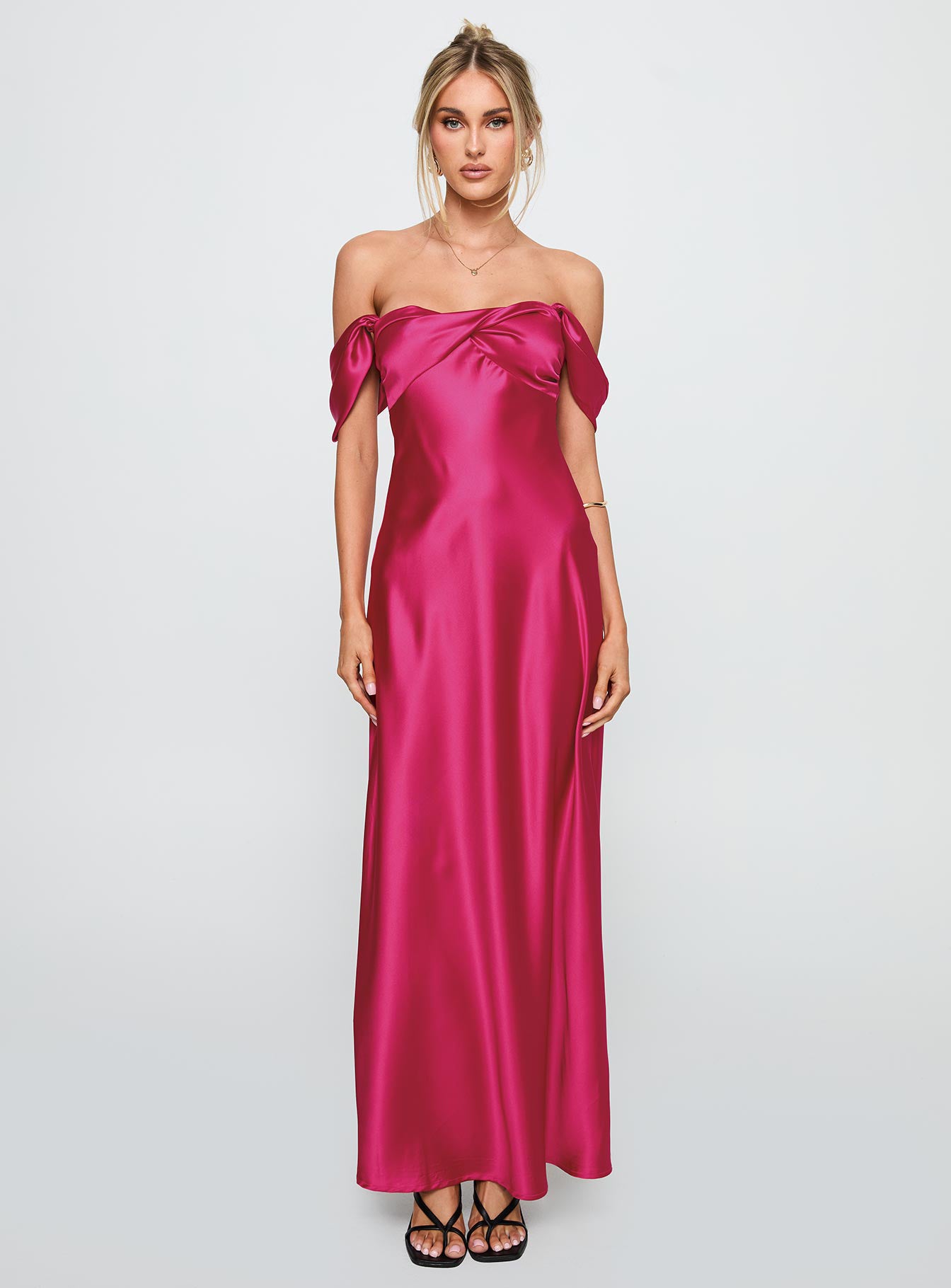 side view of model wearing Princess Polly Live For You Off The Shoulder Maxi Dress Hot Pink Sweetheart Neckline 