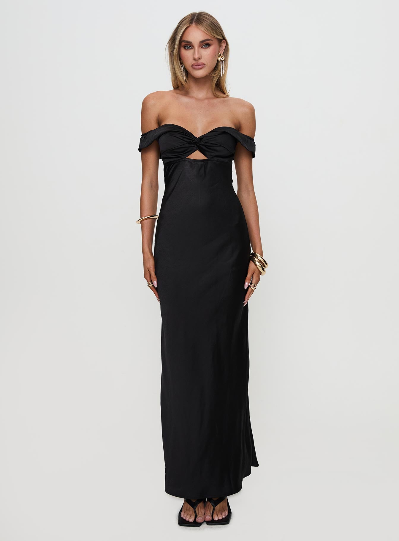 side view of model wearing Princess Polly Rava Off The Shoulder Maxi Dress Black Sweetheart Neckline 