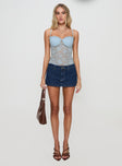 front view of model wearing Princess Polly Kerr Lace Top Blue Sleeveless Sweetheart 