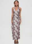 Maxi dress Mesh material, halter neck tie fastening, plunging neckline, semi-exposed back, ruched detail at sides, ruffle detail at side seam Good stretch, fully lined