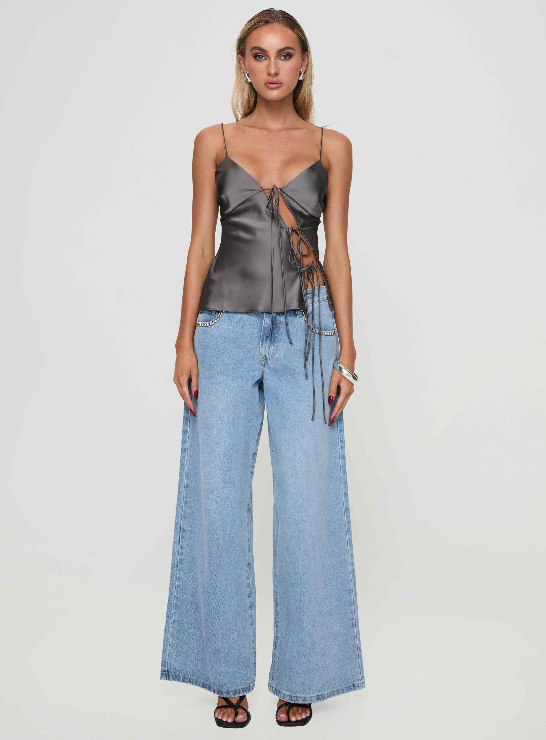 front view of model wearing Princess Polly Mariah Top Grey Sleeveless Plunger 