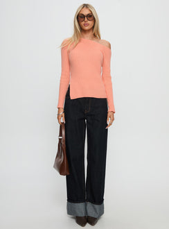 front view of model wearing Princess Polly Exquisite Off Shoulder Knit Sweater Orange Long 