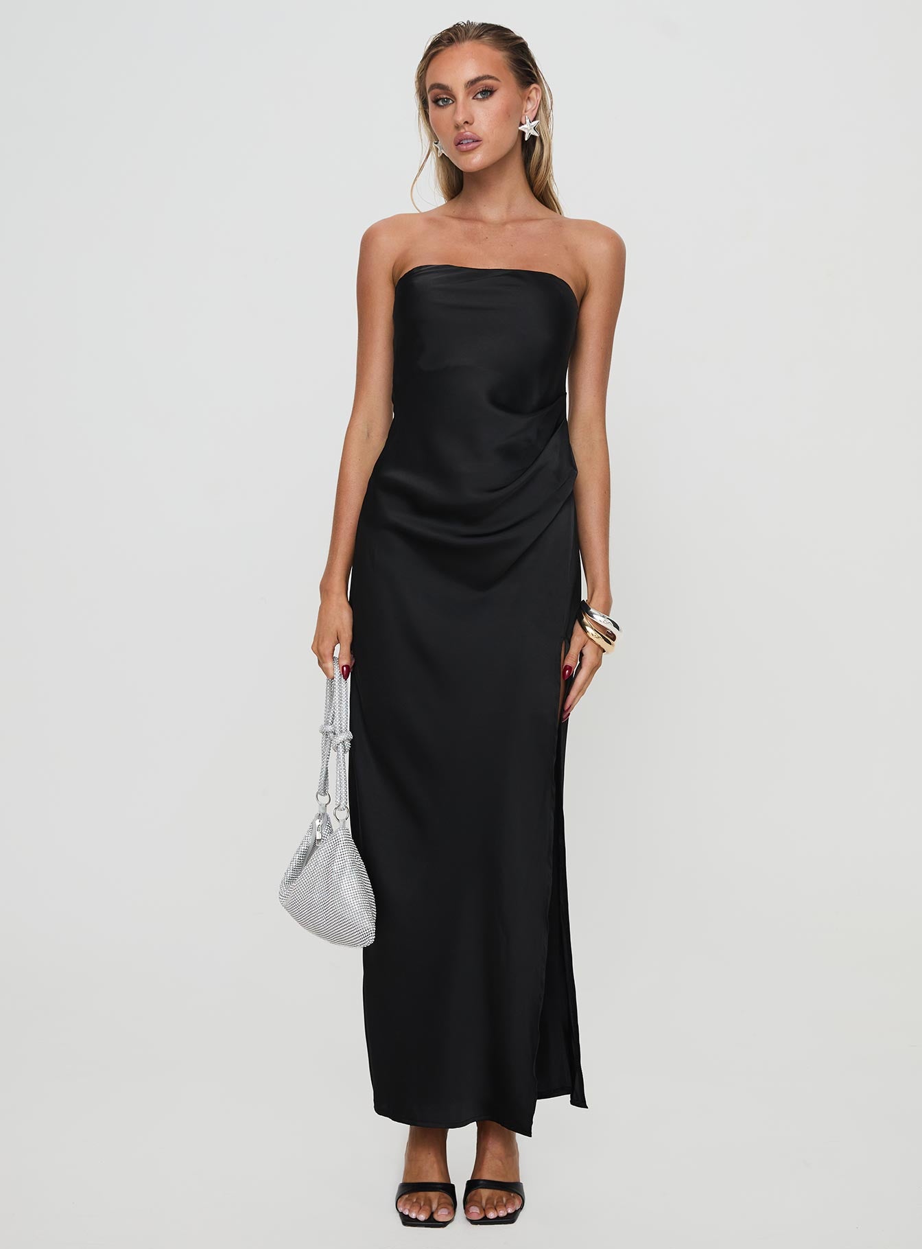 front view of model wearing Princess Polly Marlisa Strapless Maxi Dress Black Straight Neck 