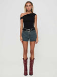 front view of model wearing Princess Polly Get It Right Mid Rise Denim Shorts Dark Denim Wash mid-rise 