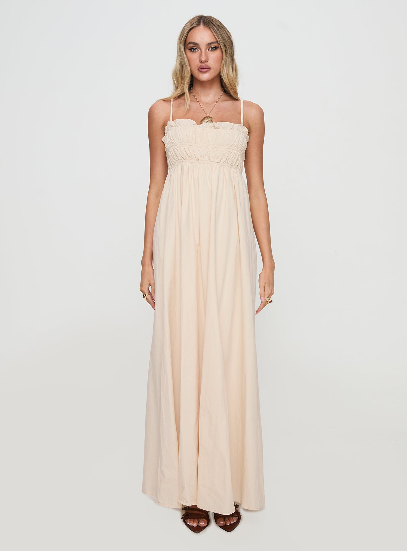 front view of model wearing Princess Polly Love All Around Maxi Dress Cream Square Neck 