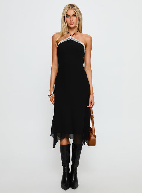 Naila Halter Lace Trim Midi Dress Black