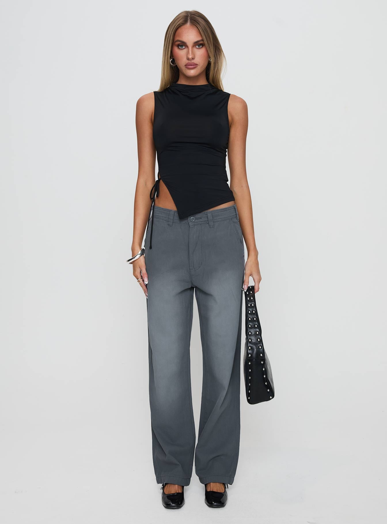 front view of model wearing Princess Polly Workwear Pant Petrol High Waisted Pants 