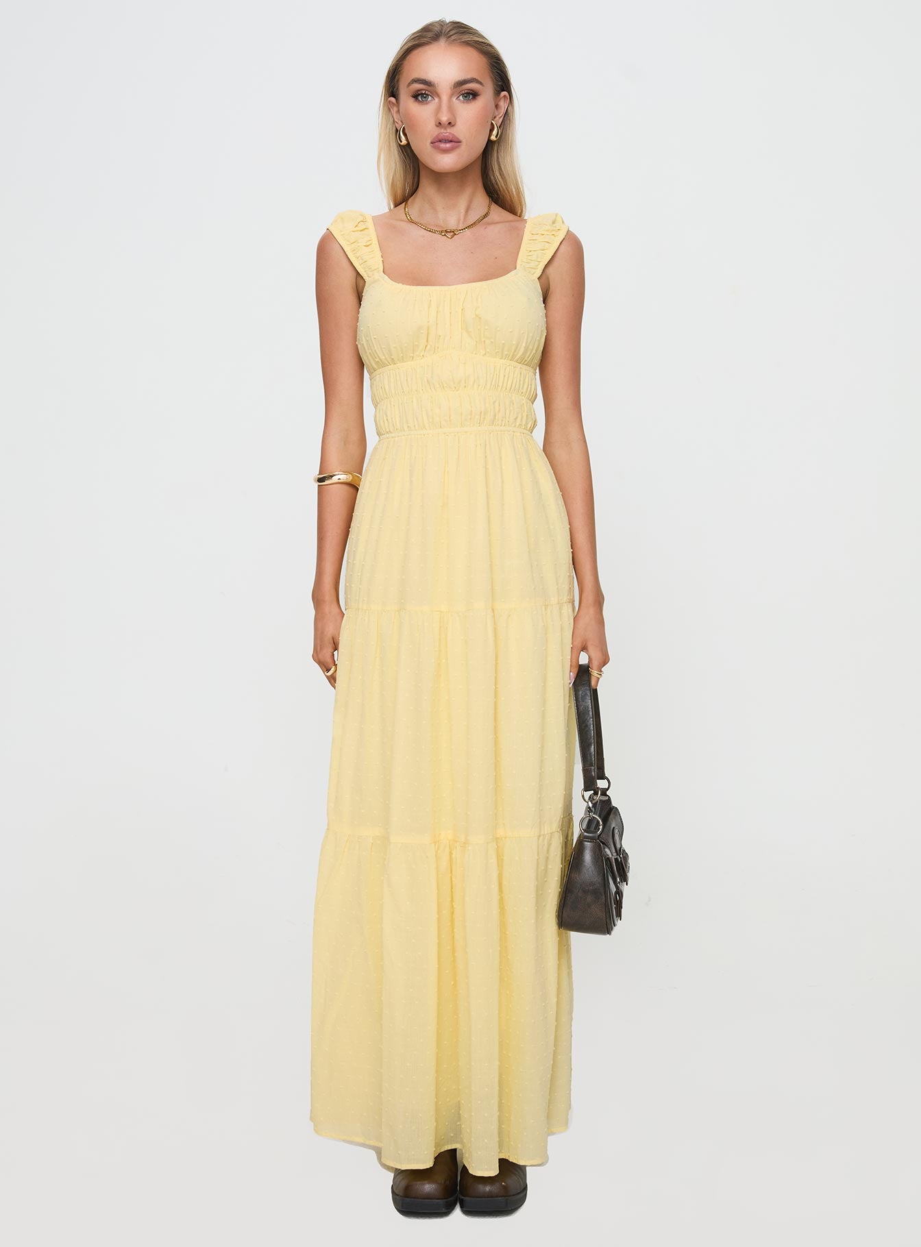front view of model wearing Princess Polly Skieler Maxi Dress Lemon Square Neck 