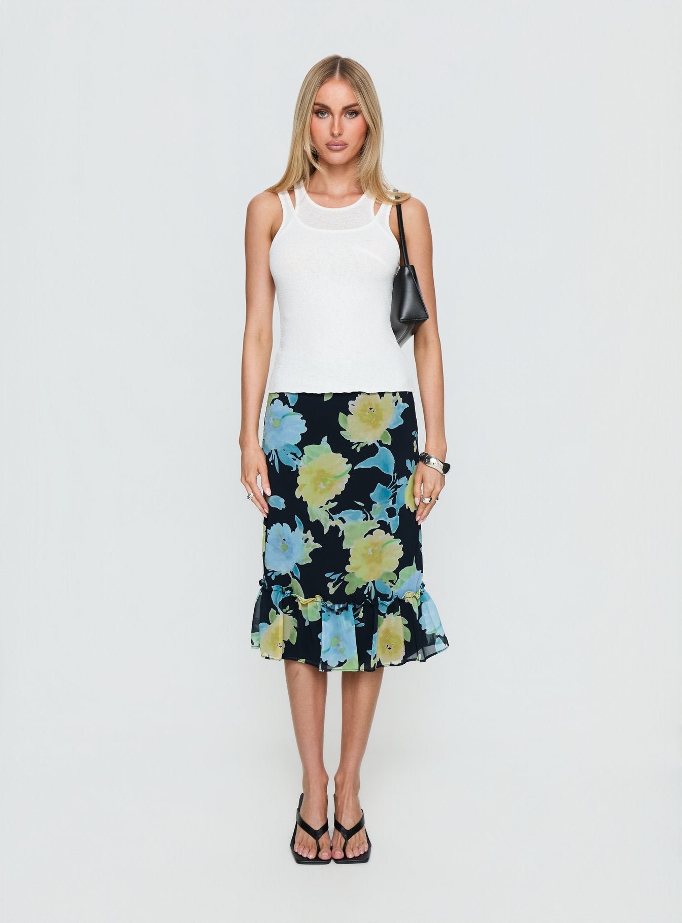  front view of model wearing Princess Polly Tarla Midi Skirt Crystal Black Flower Midi Skirts 