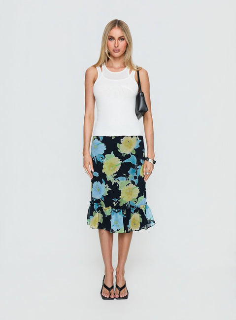   front view of model wearing Princess Polly Tarla Midi Skirt Crystal Black Flower Midi Skirts 
