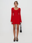 side view of model wearing Princess Polly Best Interest Long Sleeve Mini Dress Red Scoop Neck 