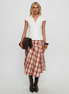   side view of model wearing Princess Polly Norie Wrap Pleat Midi Skirt Red Plaid Midi Skirts 