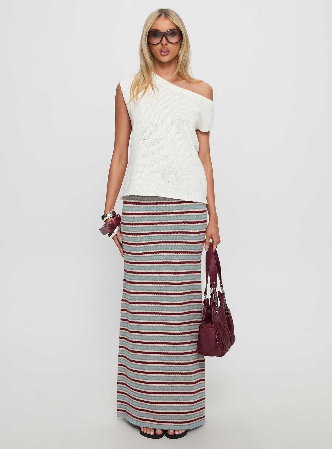   front view of model wearing Princess Polly On Air Knit Maxi Skirt Multi Stripe 