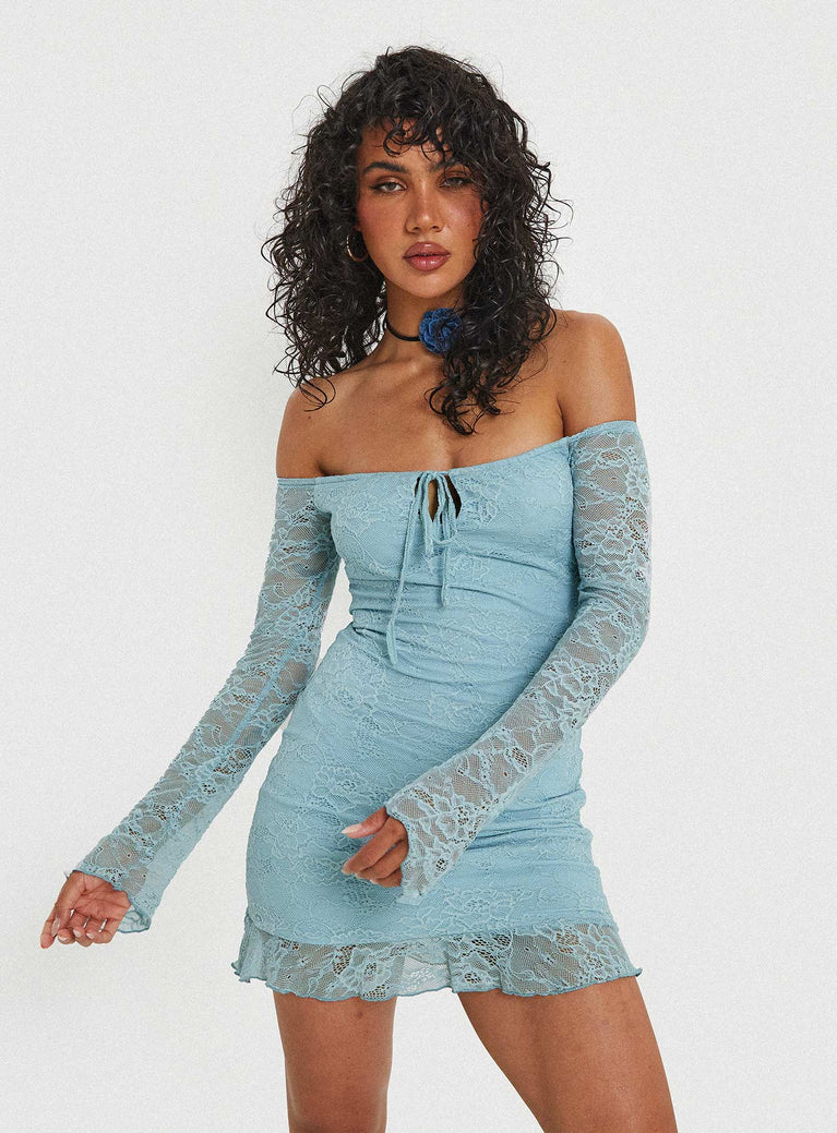 Boville Off The Shoulder Lace Mini Dress Blue