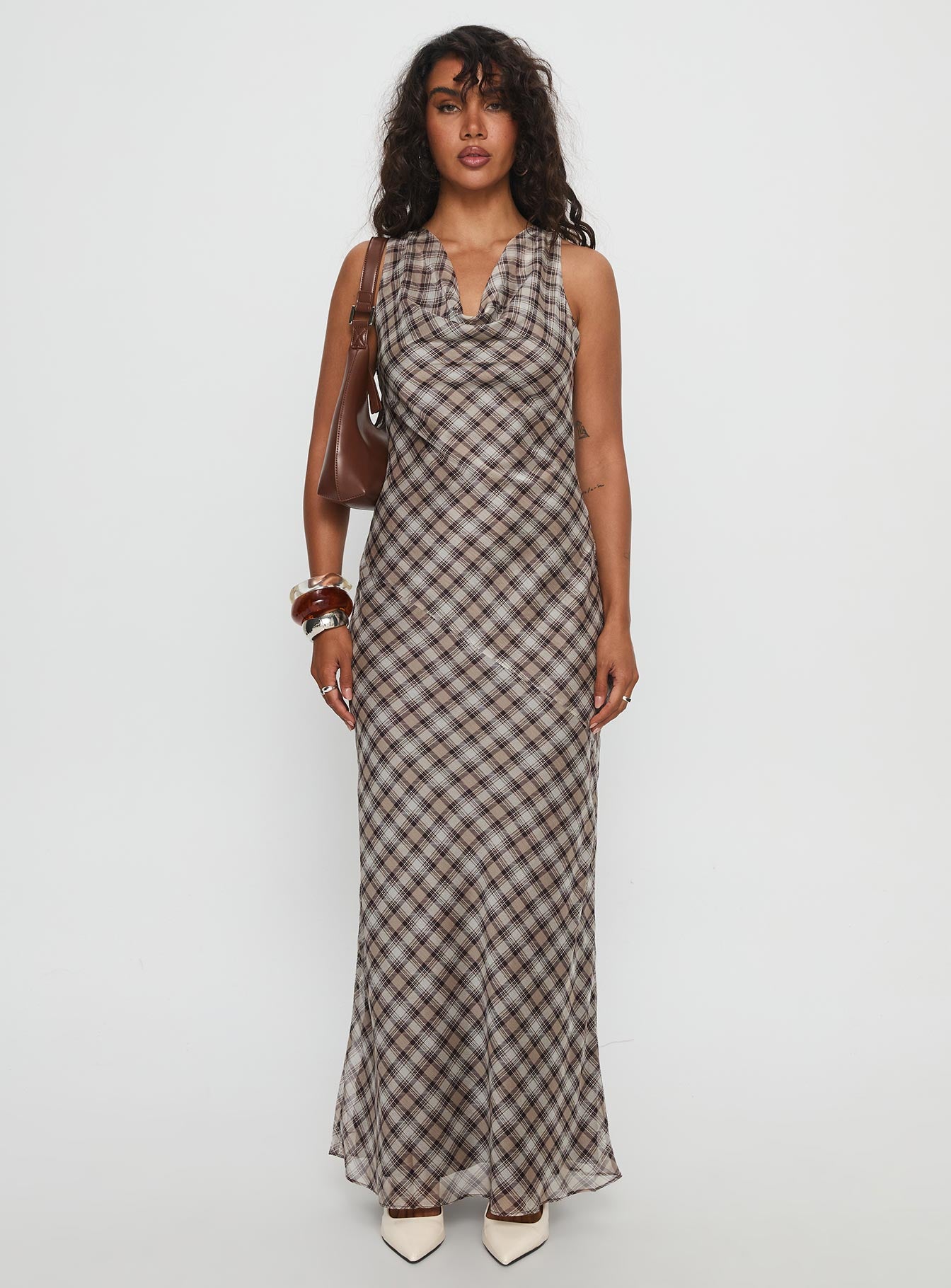Veida Cowl Neck Maxi Dress Brown Check | Princess Polly