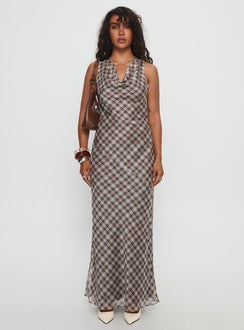 Veida Cowl Neck Maxi Dress Brown Check